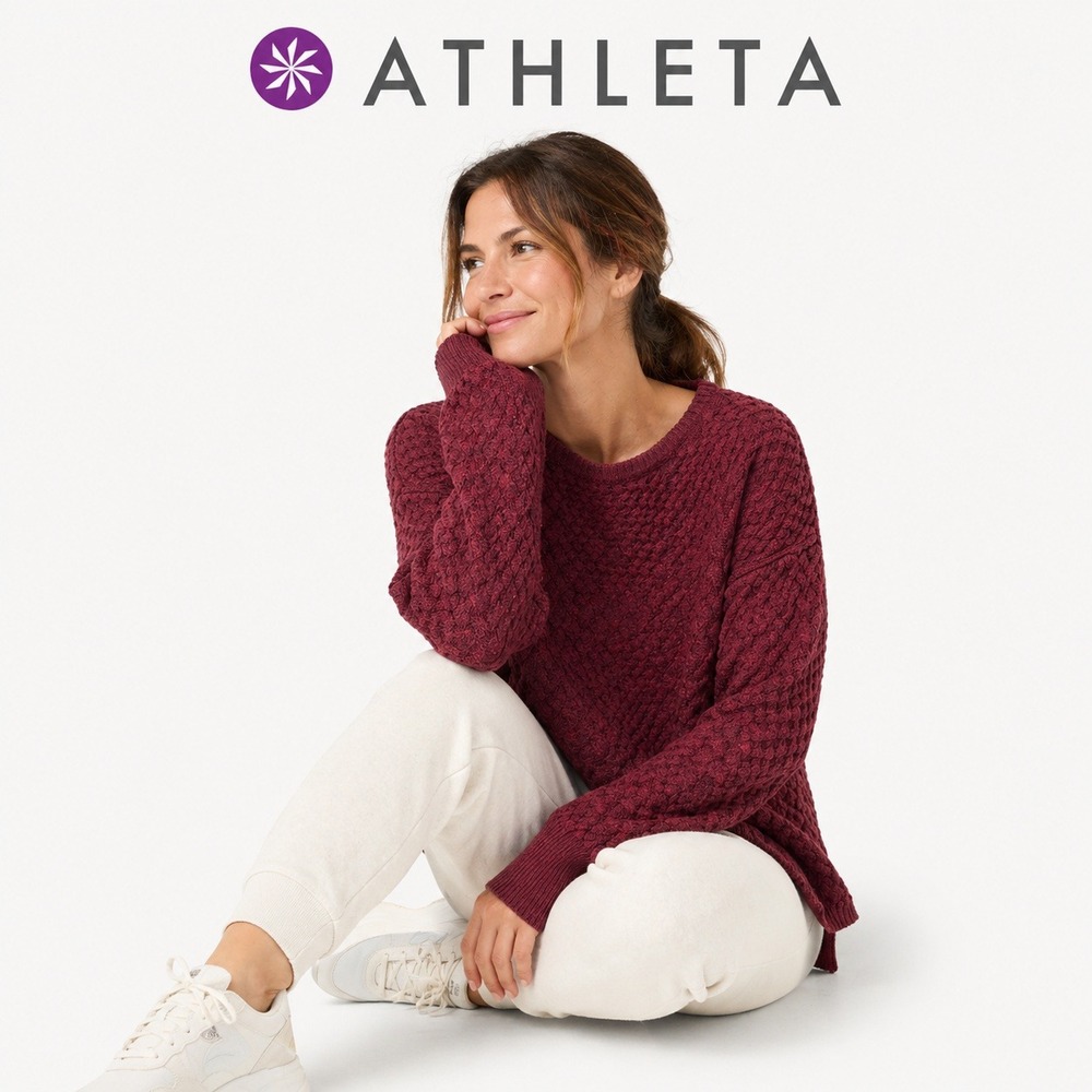 Athleta Textured Knit Sweater Burgundy Wool Blend Cozy Relaxed L Quiet Luxury